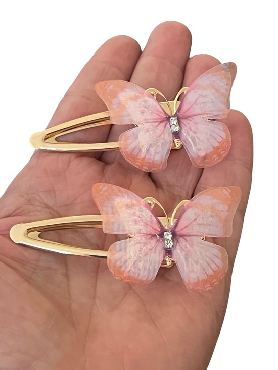 Accessories - Gold Butterfly Hair Clips - Pink & Peach Decorative Pair FINAL PRICE DROP